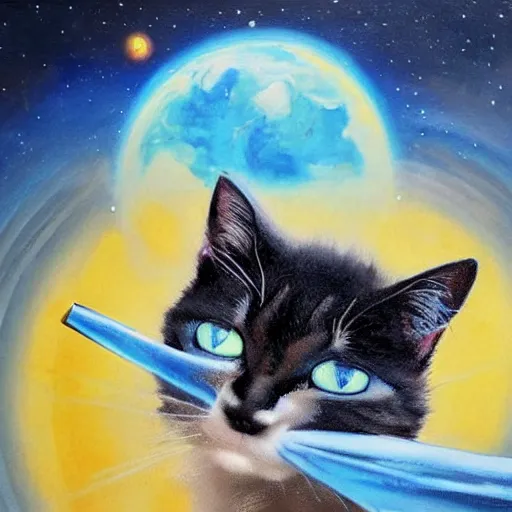 Image similar to A cat with beautiful blue eyes in a space suit flying over the Earth, oil painting, concept art, trending on artstation