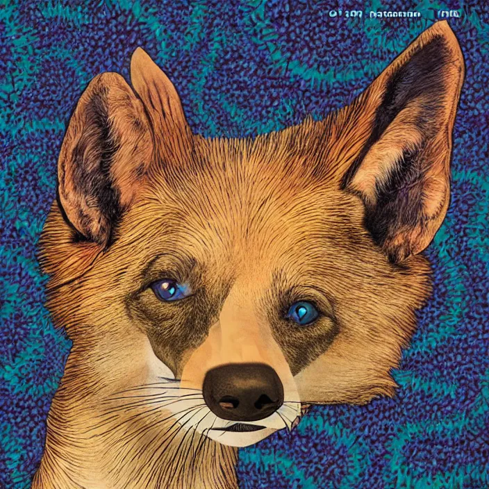 Prompt: sound sack album cover, with a psychedelic mustachioed caucasian dingo as the subject