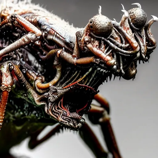 Prompt: photo taken of an epic intricate, ultra detailed, super realistic gritty, wet, slimy, lifelike sculpture of a nightmarish hellish humanoid faced insectoid creature created by weta workshop, menacing, some zoomed in shots, photorealistic, sharp focus, white wall, extremely cold blueish colour temperature, 3 5 mm, f 1. 4, golden ratio