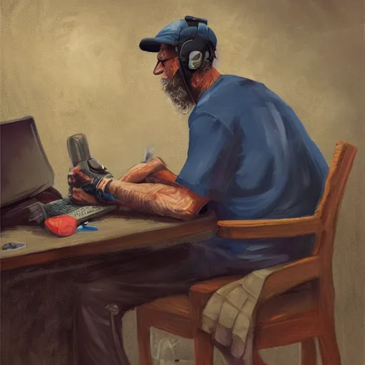 Prompt: homeless man gaming and streaming on a PC, expressive oil painting, digital art, matte art, gaming pc, headset