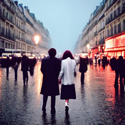 Image similar to street of paris photography, night, rain, mist, lovers holding hands, cinestill 8 0 0 t, in the style of william eggleston