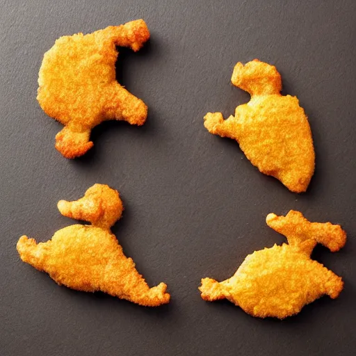 Prompt: photo of chicken nuggets shaped like dinosaurs, realistic, award winning picture