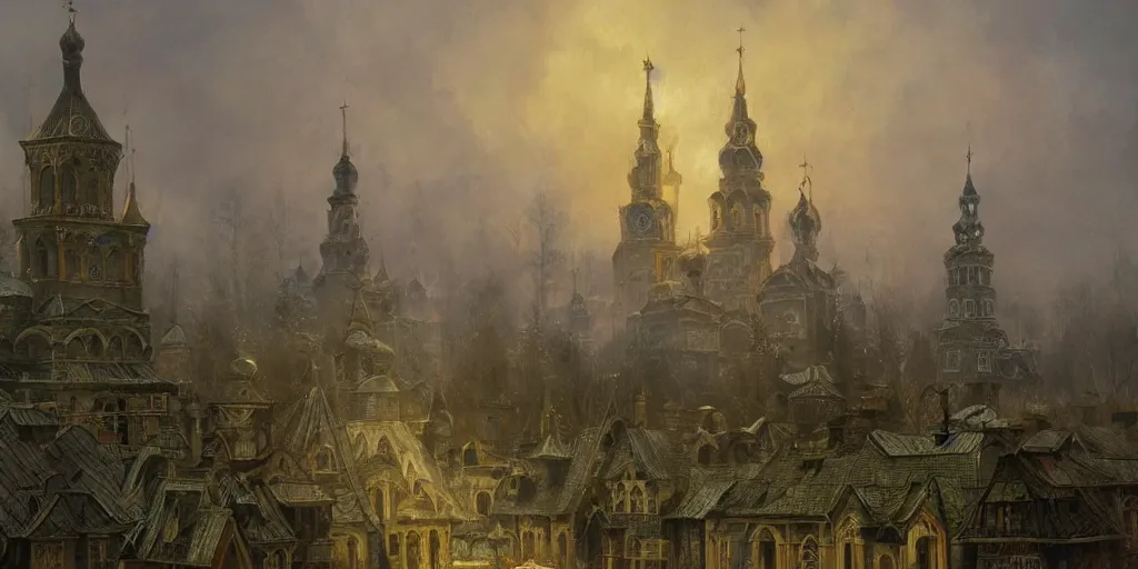 Prompt: magical ancient Slavic city of Kitezh in mist, magic lights, magic mist, strange buildings, oil painting, painting by Viktor Vasnetsov, concept art, fantasy cityscape, ancient Russian architecture, painting by Ivan Shishkin, hyperborea, high resolution, trending on artstation,