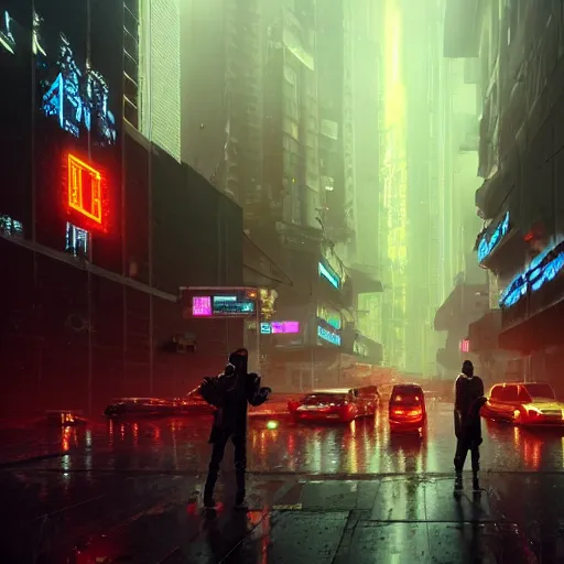 Prompt: return of the cyberpunk army in neon city, raining, cinematic lighting, 4 k, by greg rutkowski