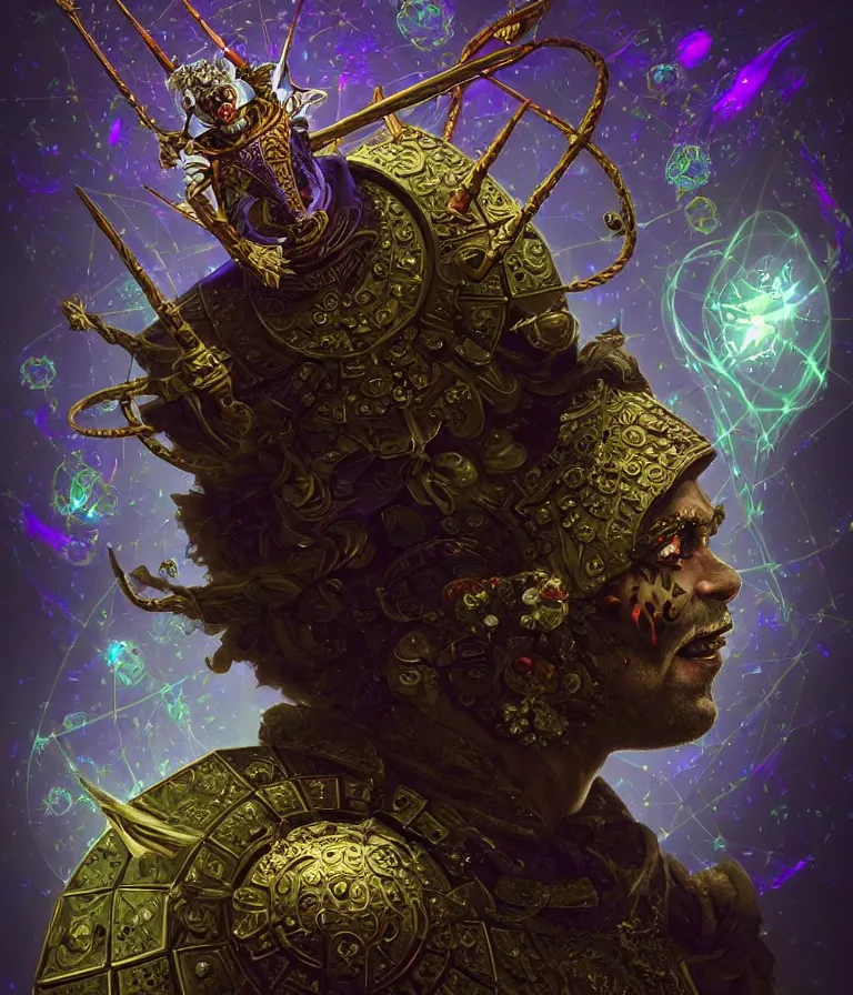 Image similar to front!!! shot of a court jester!!! character, mesmerizing fractal hypercubes, dark holography!!!, future, metallic galactic, crystalline edges, polygonal, elegant, highly detailed, centered, (((artstation, concept art, jagged, sharp focus, artgerm, Tomasz Alen Kopera, Peter Mohrbacher, donato giancola, Joseph Christian Leyendecker, WLOP, Boris Vallejo))), ((raytracing)), mugshot!!!!!, ugly!!!!!!, octane render, nvidia raytracing demo, octane render, nvidia raytracing demo, octane render, nvidia raytracing demo, 8K