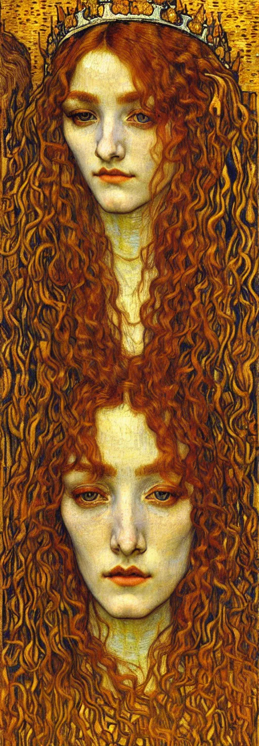 Image similar to detailed realistic beautiful young medieval queen face portrait by jean delville, gustav klimt and vincent van gogh, art nouveau, symbolist, visionary, gothic, pre - raphaelite, muted earthy colors, desaturated