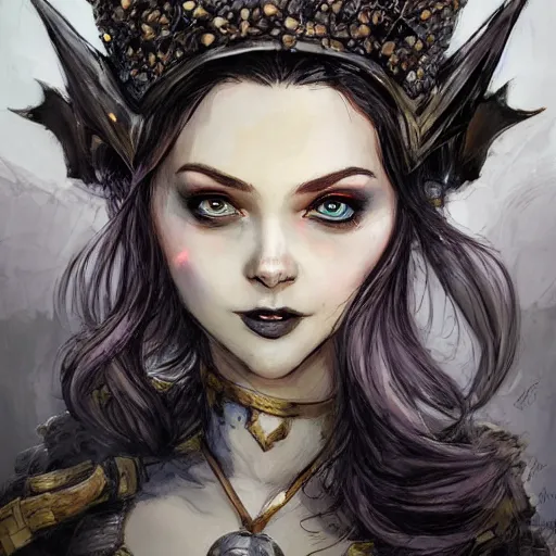 Prompt: batman as an attractive young smiling woman wearing a mushroom crown and heavy armoured wedding dress, face portrait, hd shot, digital portrait, beautiful, fantasy art, artstation, comic style, by artgerm, guy denning, jakub rozalski, magali villeneuve and charlie bowater