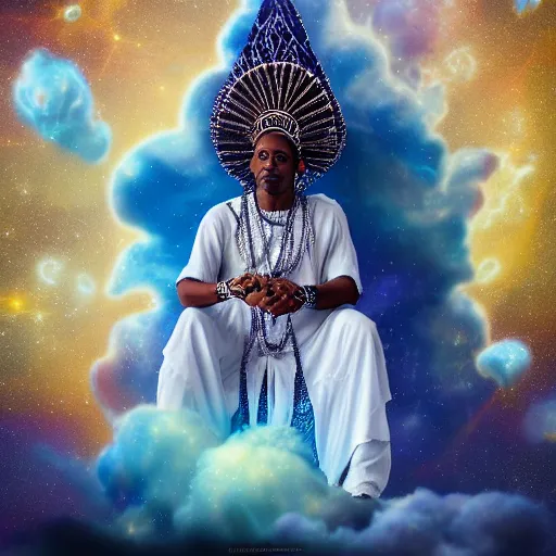 Prompt: obatala the cosmic god sitting on a throne of nebula clouds, by amanda clark, matte painting, orisha, 8k, hd