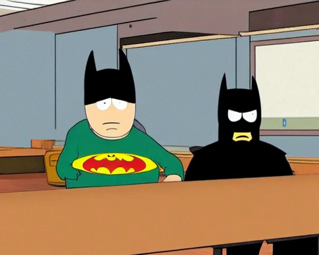 Prompt: batman working at mcdonalds, on an episode of south park, cdx