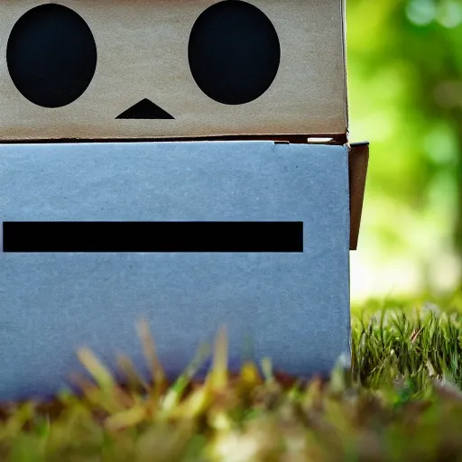 Image similar to robot made of a cardboard box, crayon face, walking through the forest, dof, cinematic lighting, hyperrealistic, extremely detailed,