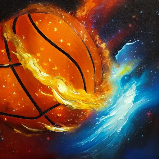 Prompt: An expressive oil painting of a basketball player dunking, depicted as an explosion of a nebula, dramatic, award-winning