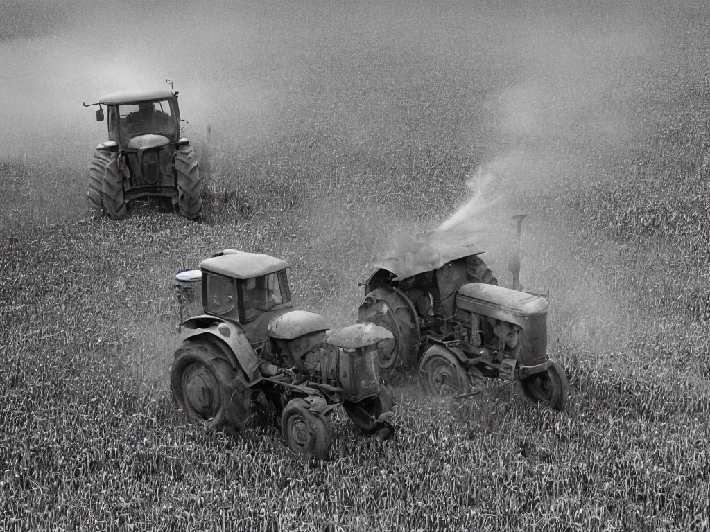 Image similar to grumpy finnish grandpa plowing oat field with old smoke spewing valmet - tractor, 1 9 6 6, home album pocket camera photo, detailed facial features, hyper realistic