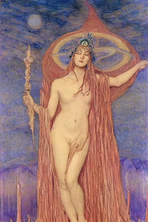 Image similar to goddess of the moonlit dead with her regalia, by Annie Swynnerton and Nicholas Roerich and jean delville, dramatic cinematic lighting , ornate headdress , flowing robes, lost civilizations, extremely detailed