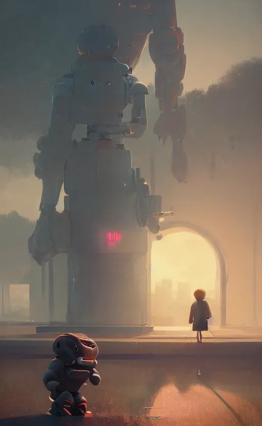 Image similar to digital painting of child playing with a huge humanoid robot in a park, sunset, a dark dystopian city behind a huge wall, stunning, cinematic lighting, concept art by greg rutkowski and simon stalenhag, artstation