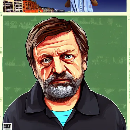 Prompt: Slavoj Žižek in the style of gta v artwork, digital art