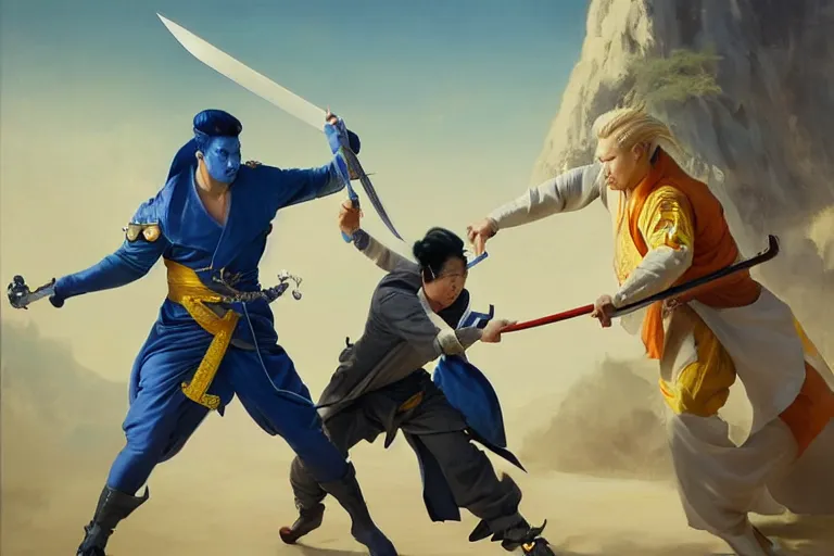 Image similar to an asian man with a sword charging at a blond man in a blue suit with a sword, organic painting, sunny day, matte painting, bold shapes, hard edges, street art, trending on artstation, by huang guangjian, gil elvgren, ruan jia, randy vargas, greg rutkowski