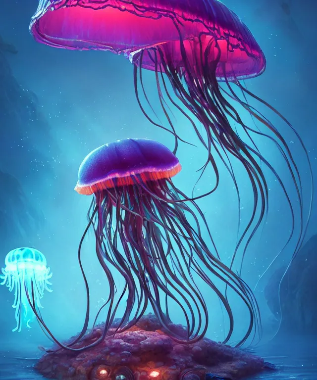 Image similar to a jellyfish creature made of bioluminescence, fantasy, elegant, crisp 8 k line work, emissive lighting, digital painting, artstation, unreal engine, octane render, concept art, matte, sharp focus, illustration, art by james jean and justin gerard and josan gonzalez