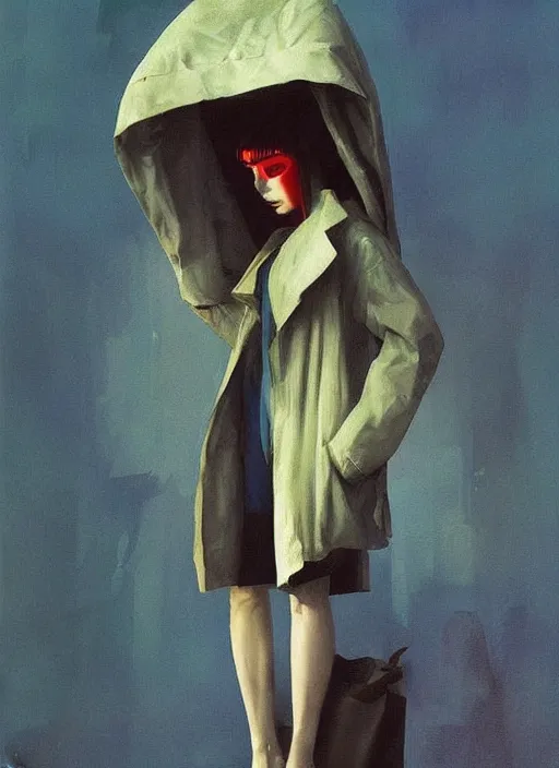 Image similar to beautiful cyberpunk woman in a translucent bomber jacket made from plastic bag with paper bags for clothes standing inside paper bags with paper bag over the head at store display Edward Hopper and James Gilleard, Zdzislaw Beksinski, highly detailed