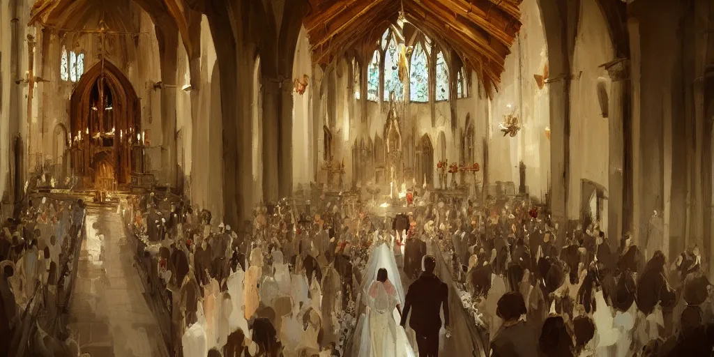 Image similar to a beautiful painting of wedding in the church, greg rutkowski style, trending on artstation