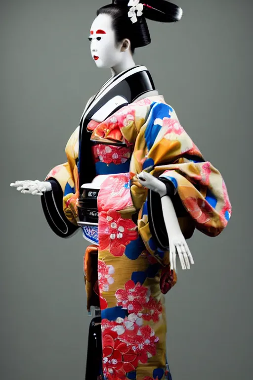 Prompt: full length portrait of a Japanese robot geisha, fashion studio lighting, 35mm, close-up