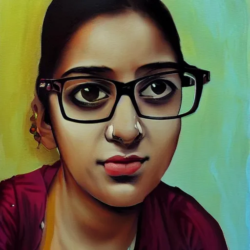 Prompt: a modern painting of a nerdy young woman from hyderabad with big glasses in the style of tim bradstreet, sharp focus, realism, intricate detail