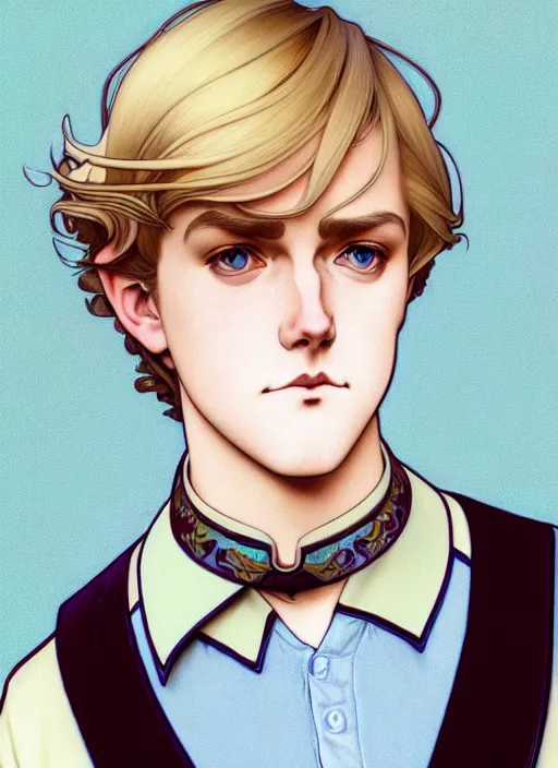 Image similar to art nouveau portrait of a pretty young man with short blond hair, light blue eyes, sad expression, scared, head down, shy and demure, wearing a choker collar, natural lighting, path traced, highly detailed, high quality, cartoon, digital painting, by don bluth and ross tran and studio ghibli and alphonse mucha