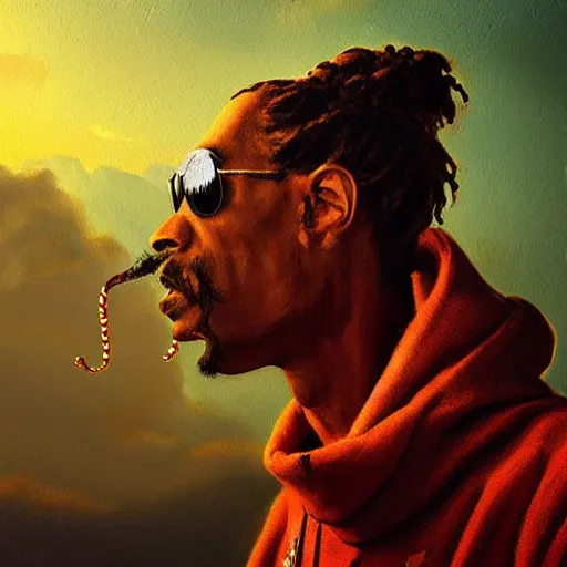 Prompt: a colossal god snoop dog is smoking the clouds, highly detailed, digital painting, artstation, octane render, matte, sharp focus, impressionist painting