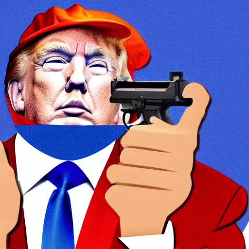 Image similar to trump holding a gun pointing at his reflection, symmetrical,