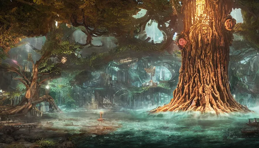 Prompt: ben lo illustration of the largest tree in the world inside rapture in the center of a lake, bioshock concept art, solarpunk, hopeful, colorful, flowers, deity, unreal engine, hyper realism, realistic shading, cinematic composition, realistic render, octane render, detailed textures, photorealistic, wide shot