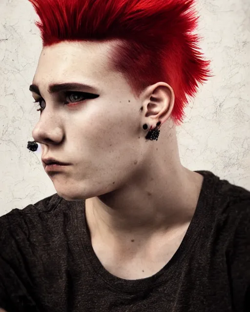 Image similar to young man with a short red mohawk, red irises and a slim face, piercings, dressed in crustpunk clothing, headshot, attractive, handsome, model, trending on artstation, high quality art, character design, realism art, award winning art, clean face, by mandy jurgens, in color, no makeup, no tattoos, no facial hair