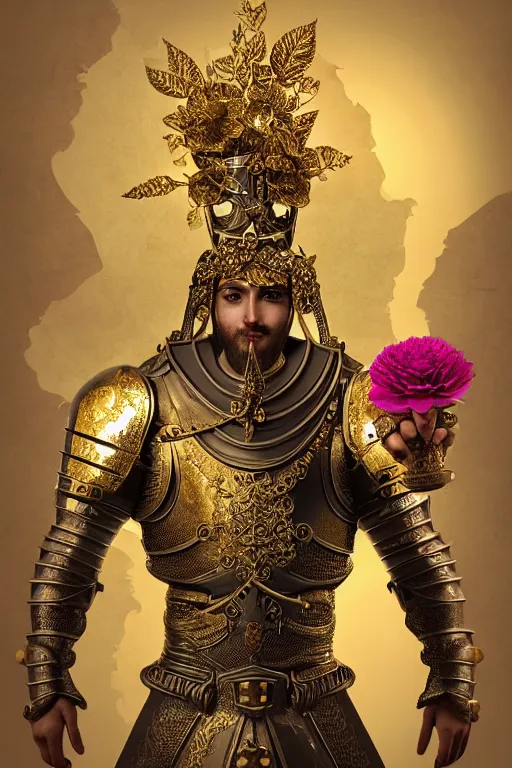 Image similar to hyperdetailed matte illustration of a knight wearing an ornate gold headpiece and holding a flower with a map of the collective subconscious in the background by octane render