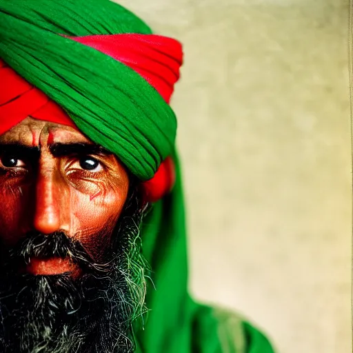 Prompt: portrait of woodrow wilson as afghan man, green eyes and red turban looking intently, photograph by steve mccurry