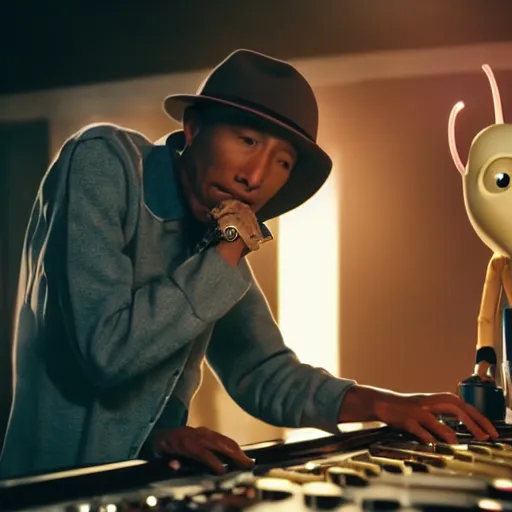 Image similar to cinematic film still of Pharrell Williams Making A Beat with an anthropomorphic alien, Japanese VFX, 2018, 400mm lens, f1.8, shallow depth of field,film photography