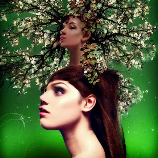 Prompt: a beautiful woman with trees growing out of her head,