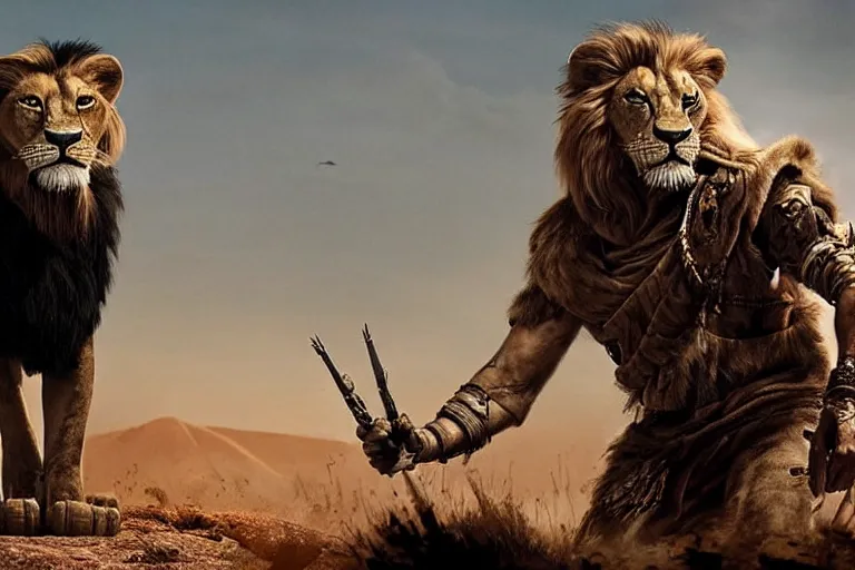 Image similar to scar ( from the lion king ), heavily armed and armored facing down armageddon in a dark and gritty version from the makers of mad max : fury road : witness me