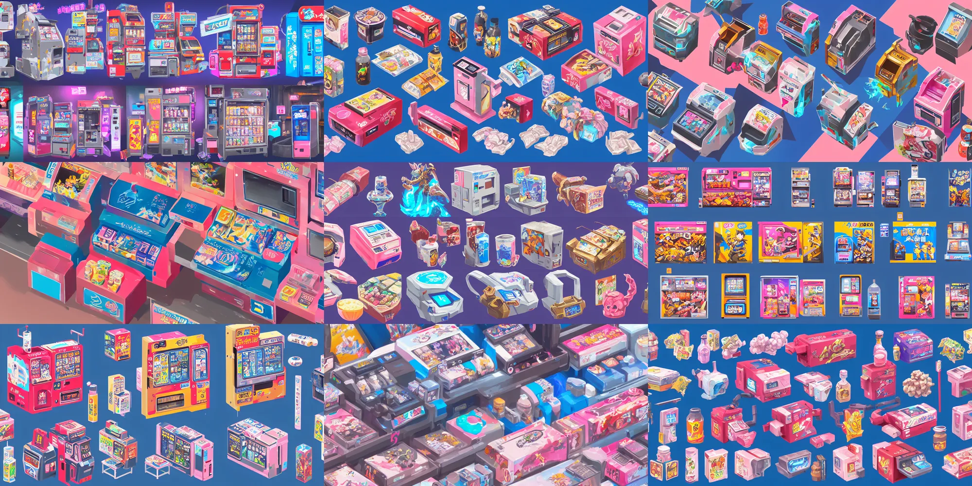 Prompt: game asset of japanese vending machines, in gouache detailed paintings, props, stylized, 2 d sprites, kitbash, arcane, overwatch, blue and pink color scheme, 8 k, close up