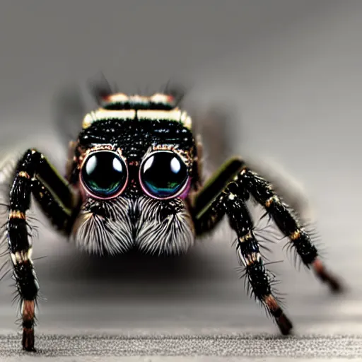 Image similar to a jumping spider pressing his tiny keyboard keys, by pixar, macro lens, iridescent, character concept art grid