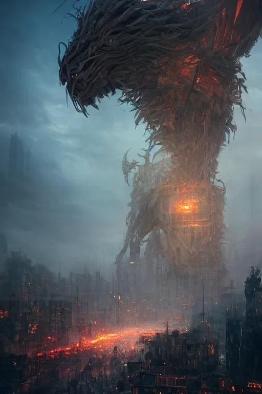 Image similar to a beautiful portrait of a giant michanical beast in an apocalyptic city by Greg Rutkowski, Sung Choi, Mitchell Mohrhauser, Maciej Kuciara, Johnson Ting, Maxim Verehin, Peter Konig, final fantasy, Marco lense , 8k photorealistic, cinematic lighting, HD, high details, atmospheric , trending on artstation