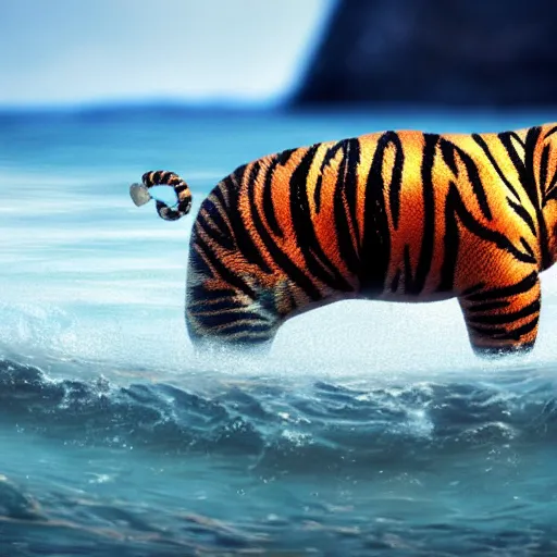 Prompt: a closeup photorealistic photograph of a cute smiling knitted tiger hippopotamus chasing a beachball at sundown. surf in background. professional capture. this 4 k hd image is trending on artstation, featured on behance, well - rendered, extra crisp, features intricate detail, epic composition and the style of unreal engine.