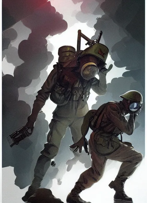 Prompt: ww 1 soldier with gas mask rushing towards the camera, epic lighting, in the style of artgerm and charlie bowater and atey ghailan and mike mignola, vibrant colors and hard shadows and strong rim light, comic cover art, plain background, trending on artstation