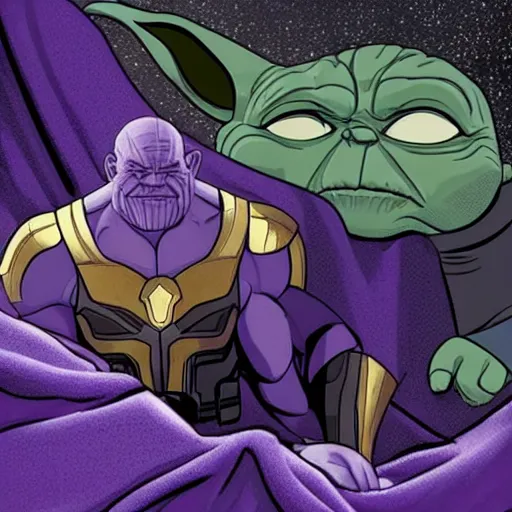 Image similar to photo of thanos sleeping in bed, next to yoda