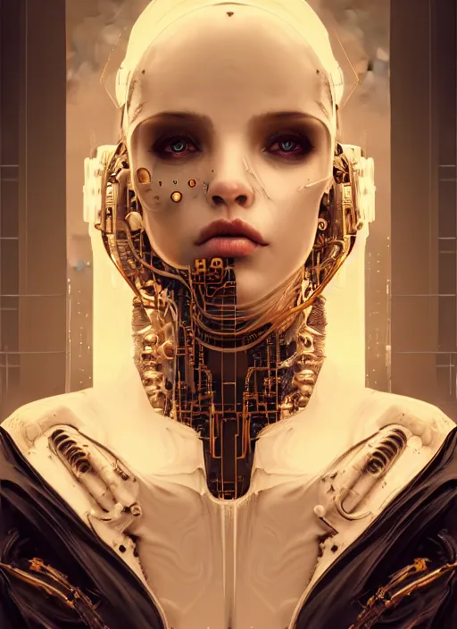 Image similar to soft lustrous hard tech ivory biotech raver gutter punk cyborg bioweapon, golden ratio, details, sci - fi, dark fantasy, cyberpunk, intricate, decadent, ornate, highly detailed, digital painting, octane render, 8 k, artstation, concept art, smooth, sharp focus, illustration, art by artgerm, loish, wlop