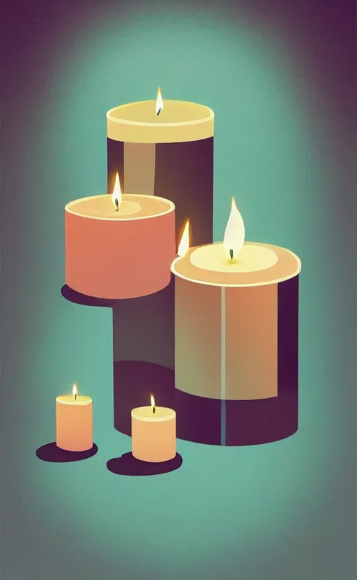 Image similar to illustration with beautiful scented candles, close - up photo in cozy interior, candle lighting, shadow play, light refraction, mirror, glowing, an art deco painting by tom whalen, trending on behance, art deco, digital illustration, storybook illustration, grainy texture, flat shading, vector art, airbrush, pastel, watercolor, poster