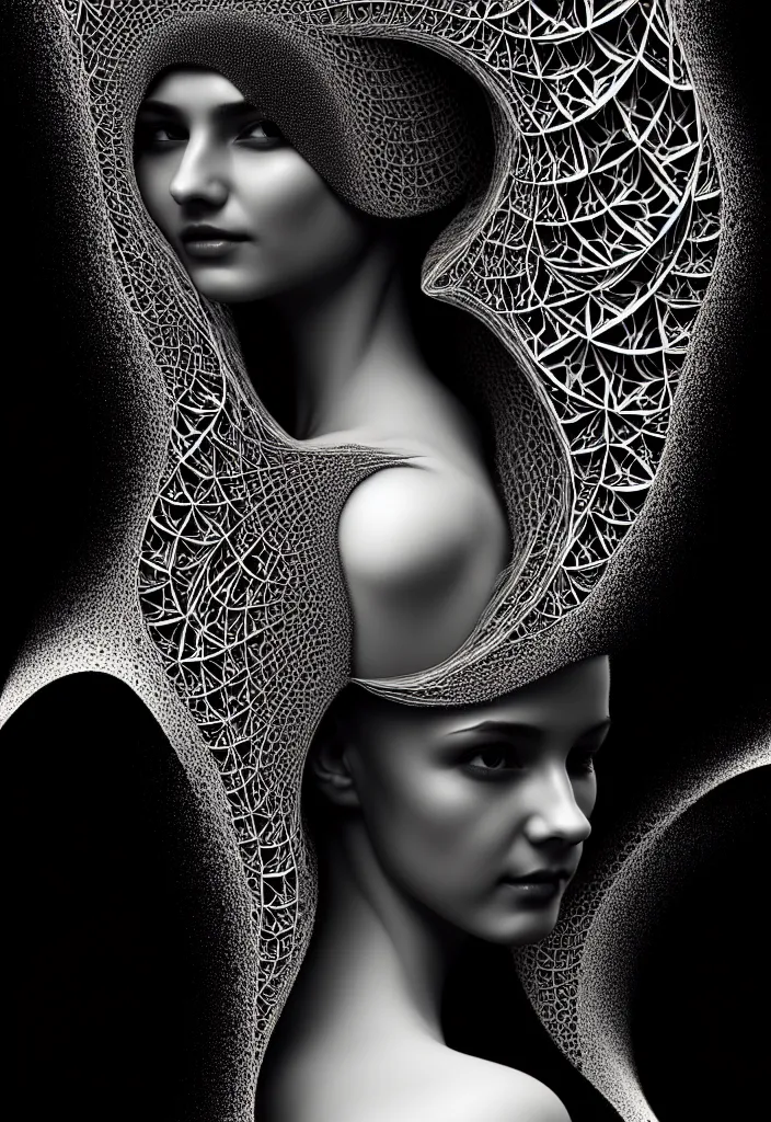 Image similar to portrait of a young beautiful woman with a partially face covering mask. fractal, mandelbulb technique. black and white, black on black. intricate, elegant, super highly detailed, professional digital painting, smooth, extreme illustration, 8k, 3D, beautiful, cinematic. art deco, art nouveau.