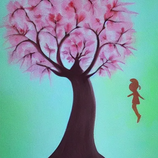 Prompt: a tree that grows around and protects a running girl, the girl cries and her tears feed the tree so it grows beautiful flowers, painting with soft colors, dark optimism