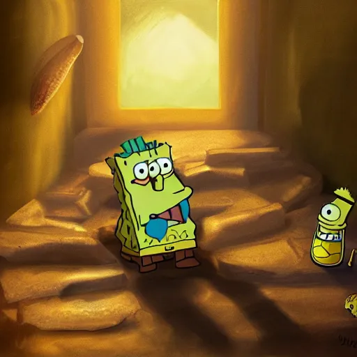 Prompt: post apocalyptic ultra realistic artstation digital painting of spongebob contemplating eating his pet snail gary