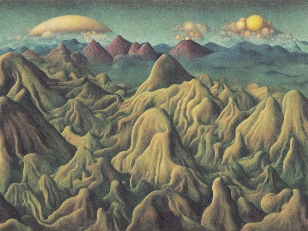 Prompt: dreamless night, sweaty mountain, the lotus eating people, Volcano, acid rains, fractal elongated seashells. Painting by Rene Magritte, Jean Delville, Max Ernst, Maria Sybilla Merian, Alfred Kubin