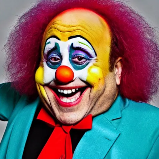 Prompt: danny devito in clown mask with fangs