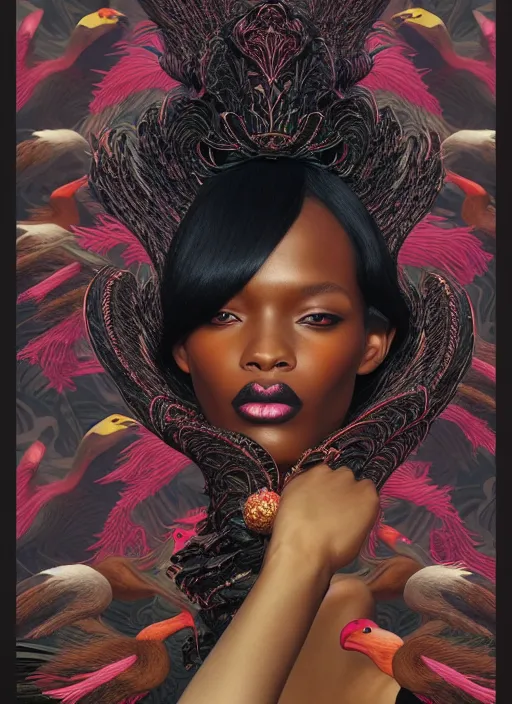 Prompt: pretty black model with swans : : by martine johanna and simon stalenhag and chie yoshii and casey weldon and wlop : : ornate, dynamic, particulate, rich colors, intricate, elegant, highly detailed, vogue, harper's bazaar art, fashion magazine, smooth, sharp focus, 8 k, octane render,