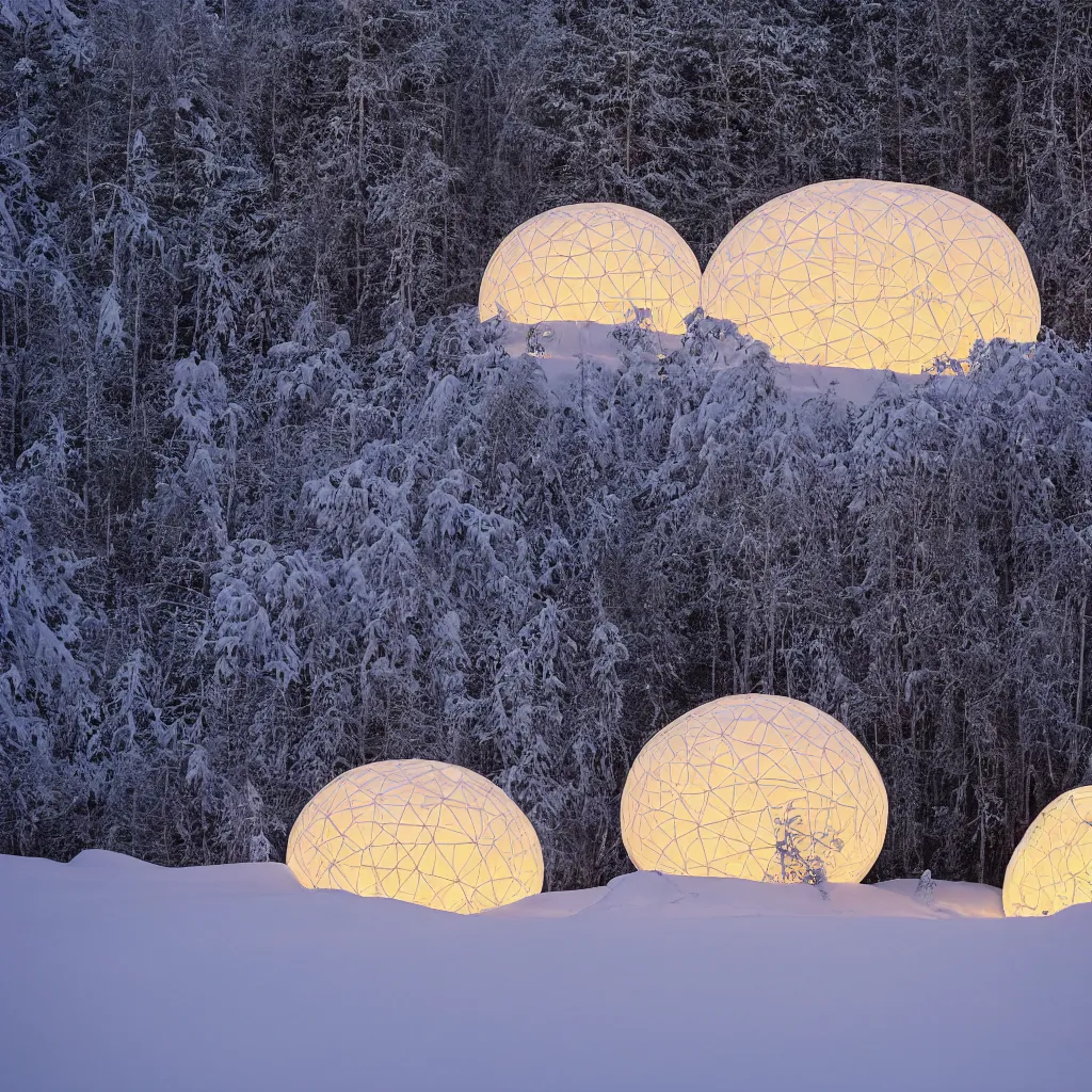 Prompt: A night photo of a glowing inflatable geodesic house made of clear plastic sheeting. The house is made of 3 inflated bubbles. The bubble house glows from within with warm light. A family is living inside the bubble house and it is furnished with contemporary furniture and art. The inflated bubble house is at the edge of a snowy winter forest. ultra wide shot, coronarender, 8k, photorealistic